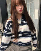 ノビンストライプコントラストカラー長袖ニット