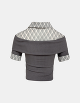 Check Collar Off-Shoulder Knit Top