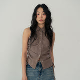SLEEVLESS SHIRRING SHIRTS (PINK YELLOW)