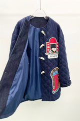 Kitsch look Embroidered Patch Quilted Duffle Coat