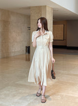 Kazz Shirt Collar Puff Sleeve Long One Piece (Belt Set)