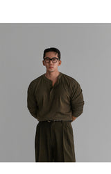 Pattern Muscle Henley Neck Knit Tee [Khaki]
