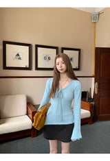 Sky V-neck Lace Bow Long Sleeve T-shirt