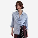 French Corsage Shirring Flower Tie Loose-Fit Check Shirt