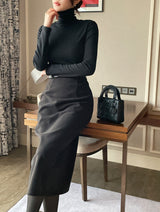 Cre wool pin tuck H-line slit long skirt (belt set)