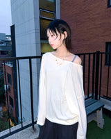 (3color) Ribbon Deep Slit Loose Fit Summer Long Sleeve Tee