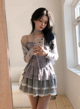 BN Check Frill Bustier + Cardigan + Tie Set (3color)