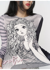 CONFUNオリジナルスリムフィットラウンドネックキュートガールプリントカラーブロックベースシャツ
