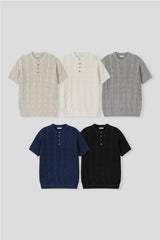 LMN センシティブツイステッドバックルヘンリーネックショートスリーブニットウェア (5 colors)