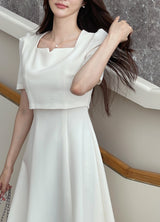 26SS★ Berlin Notch Square-Neck Short Sleeve Tweed Flare One Piece Long
