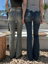 High waist light & deep blue washed bootcut long denim pants (2 colors)