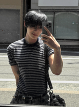 Black & Charcoal Muscle Fit Striped Short Sleeve