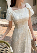 26SS★ Ruckbell Square Neck Embroidered Tulip Pintuck Long One Piece