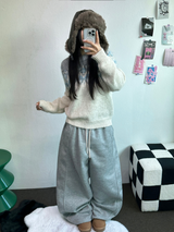 ストリング/フリース❤サイドピンタックバルーンロングパンツワイド🤍🩶🖤3カラー