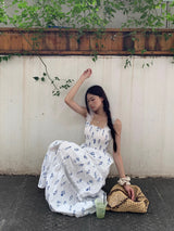 Blue Flower Cotton Sleeveless Long Dress