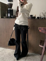 Fuzz Collar Rib Off-Shoulder Slit Long Sleeve Knit