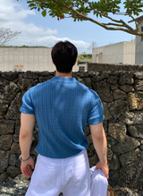 スラブ ケーブル ハーフジップ 半袖ニット