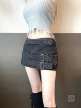 1206. 3 Belt hip denim mini sk (2color)