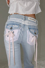EatmePlz ダイヤモンドレースリボンバレットスタイルライトブルージーンズ