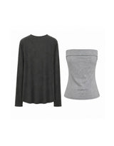 [2PCS] Elly Ruffle Bolero Tie-Detail Tube Top Set Chacoal Grey