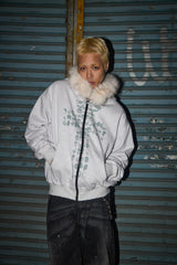 クロススケルトンファーフードジップアップ  HEATHER GREY