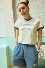 Campus Lover Cream Crop Short-Sleeved Ringer T-Shirt [For Women]