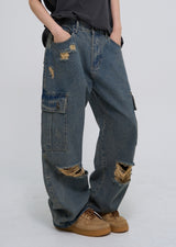 stopper damage cargo wide denim pants