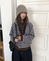 Hira Round Henley-Neck Buttoned Stripe Knit