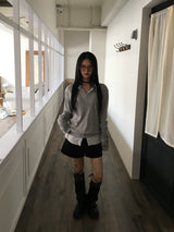 may sleeve button v-neck knit