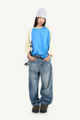 Slub color matching raglan three quarter T-shirt
