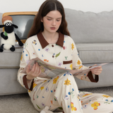 オータム ブラウン リーフアンドフローラル プリント パジャマセット - 100% Brushed Cotton Plush Sleepwear
