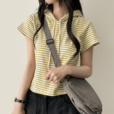 Linka Stripe Dangara Half Crop Short Sleeve Hoodie