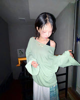 (3color) Ribbon Deep Slit Loose Fit Summer Long Sleeve Tee
