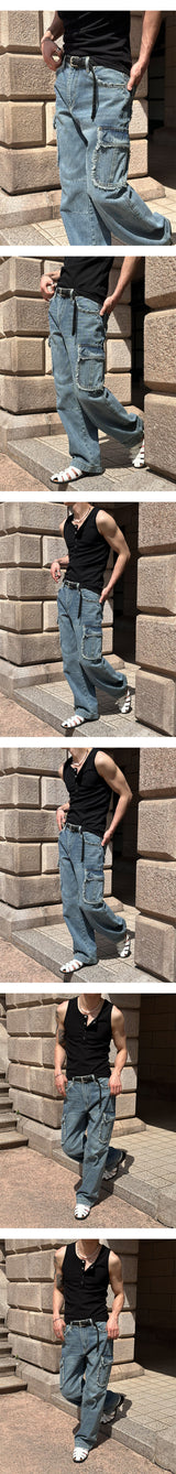 [Unisex] Fringe cargo denim pants(3color)