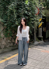 #Autumn Lace Ribbon Long Sleeve Blouse (2color)