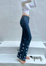 DARK BLUE EMBROIDERED SPANDEX BOOTCUT DENIM PANTS code 18315