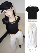 ブラックレイヤードホルターネックストラップショートスリーブTシャツ
