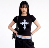 Stretch Cotton Slim Short Sleeve T-shirt Cross Black