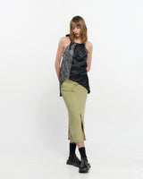 シャーリングレイヤードスリットスカート _ OLIVE GREEN