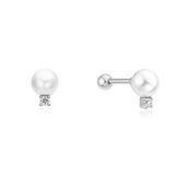 silver shell pearl sparkle point barbell single piercing rhodium plating + 925 silver E070-14H