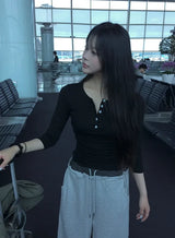 26FW★ [MADE] Fowor Henley Neck Button Slim Three Quarter T-Shirt