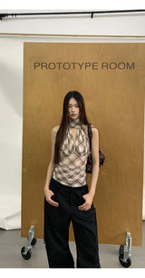 chiffon checkered halter neck sleeveless blouse top