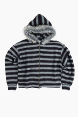 Stripe fur crop hood zip-up