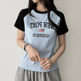 Raffin embroidered 2本ラインカラーラグラン半袖Tシャツ