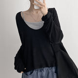 U-neck long-sleeve T-shirt + tank top set, tank V-neck knit set (4 colors)