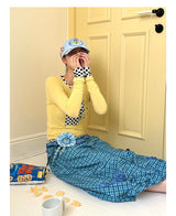 UnsocialNight2025 Autumn New Original Blue Plaid Stitching Casual Flower Flower Skirt Women