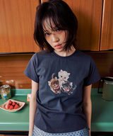 THREE BABY CATS SLIM T SHIRT - CHARCOAL