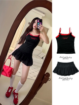 Red bow lettering lace sleeveless t-shirt