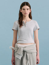 NUBASIC HENLEY NECK T-SHIRT LIGHT GRAY