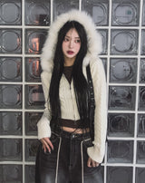 Rinco ケーブルニットファーフードジップアップ